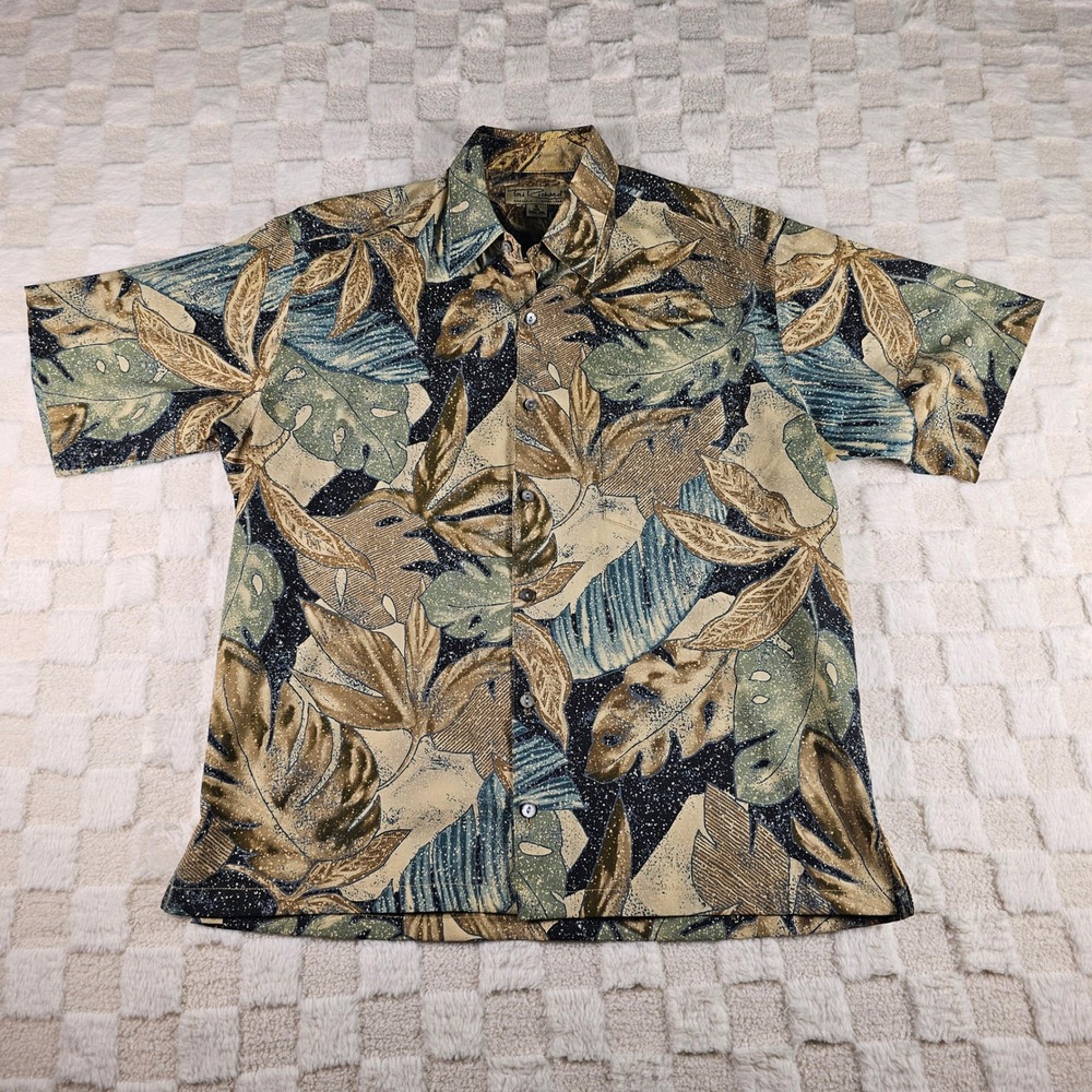 Tori Richard Mens Small Cotton Lawn Tropical Leaf Print Button Front Shirt Tan
